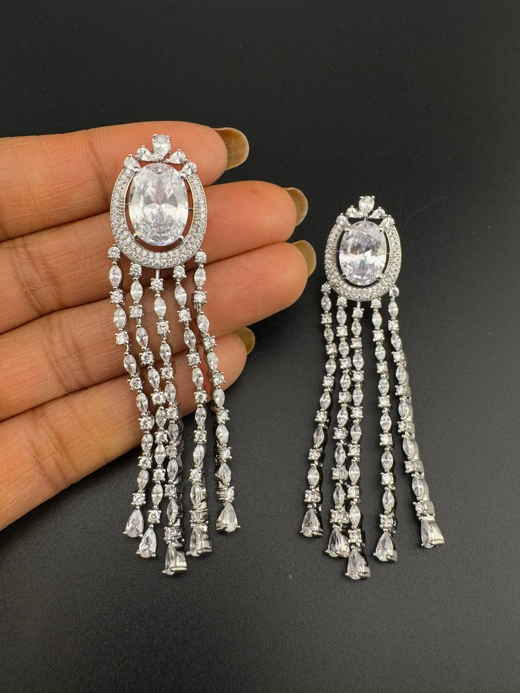 Premium silver color Cubic Zirconia long tassel earrings, high shine