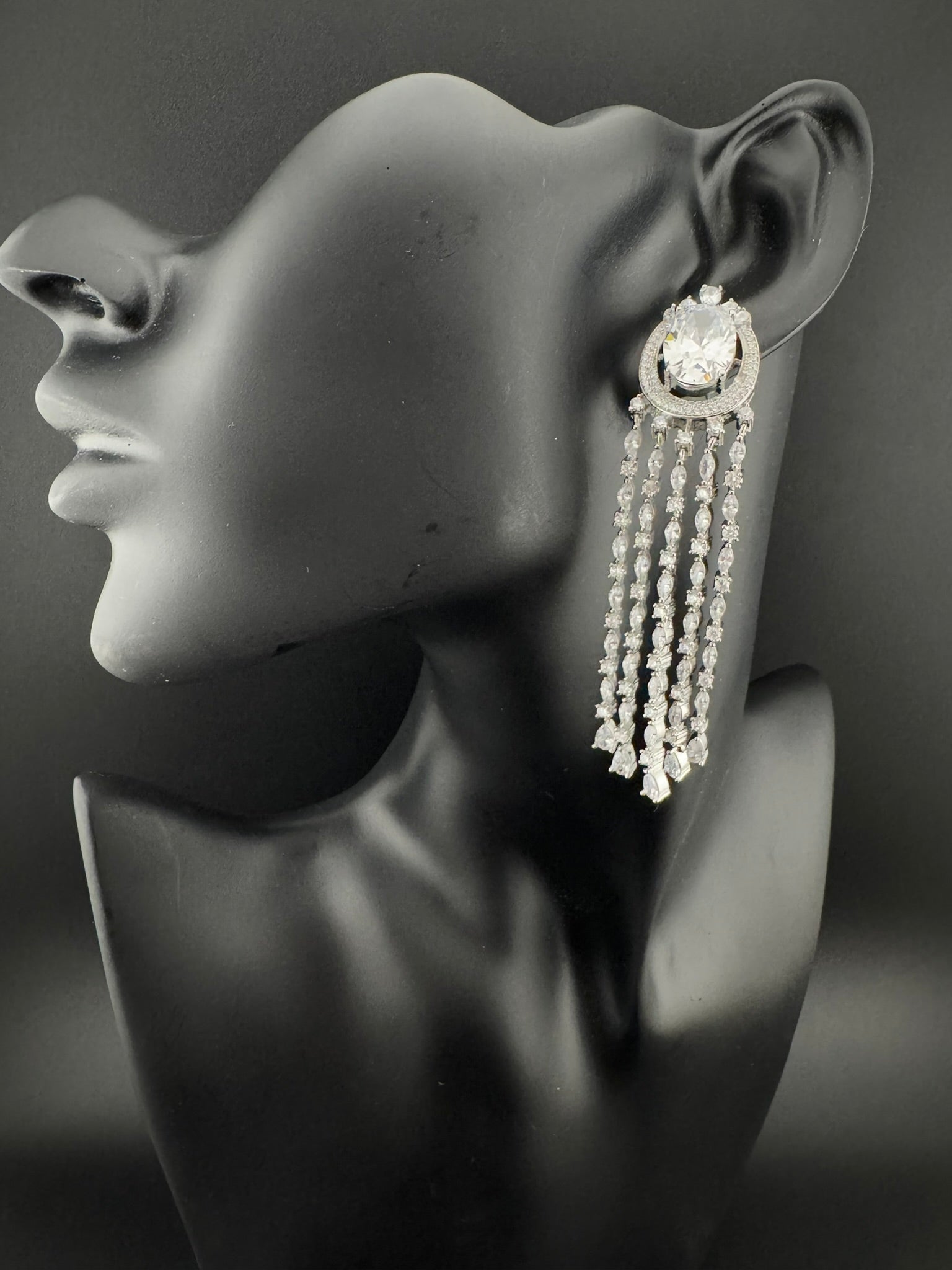 Premium silver color Cubic Zirconia long tassel earrings, high shine