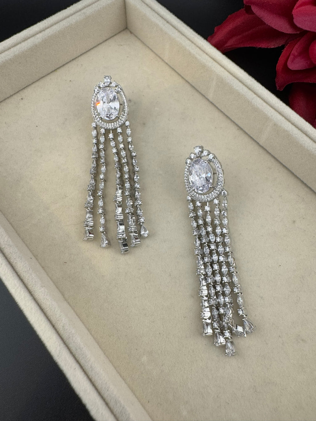 Premium silver color Cubic Zirconia long tassel earrings, high shine