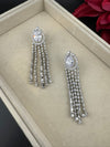 Premium silver color Cubic Zirconia long tassel earrings, high shine