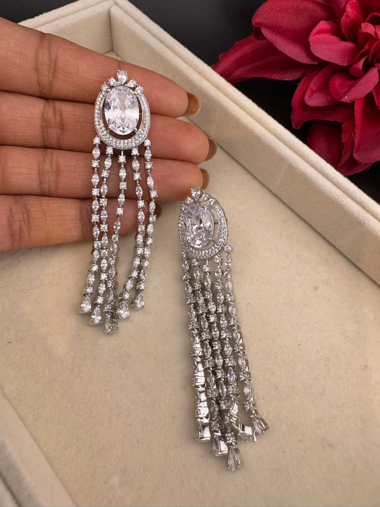 Premium silver color Cubic Zirconia long tassel earrings, high shine