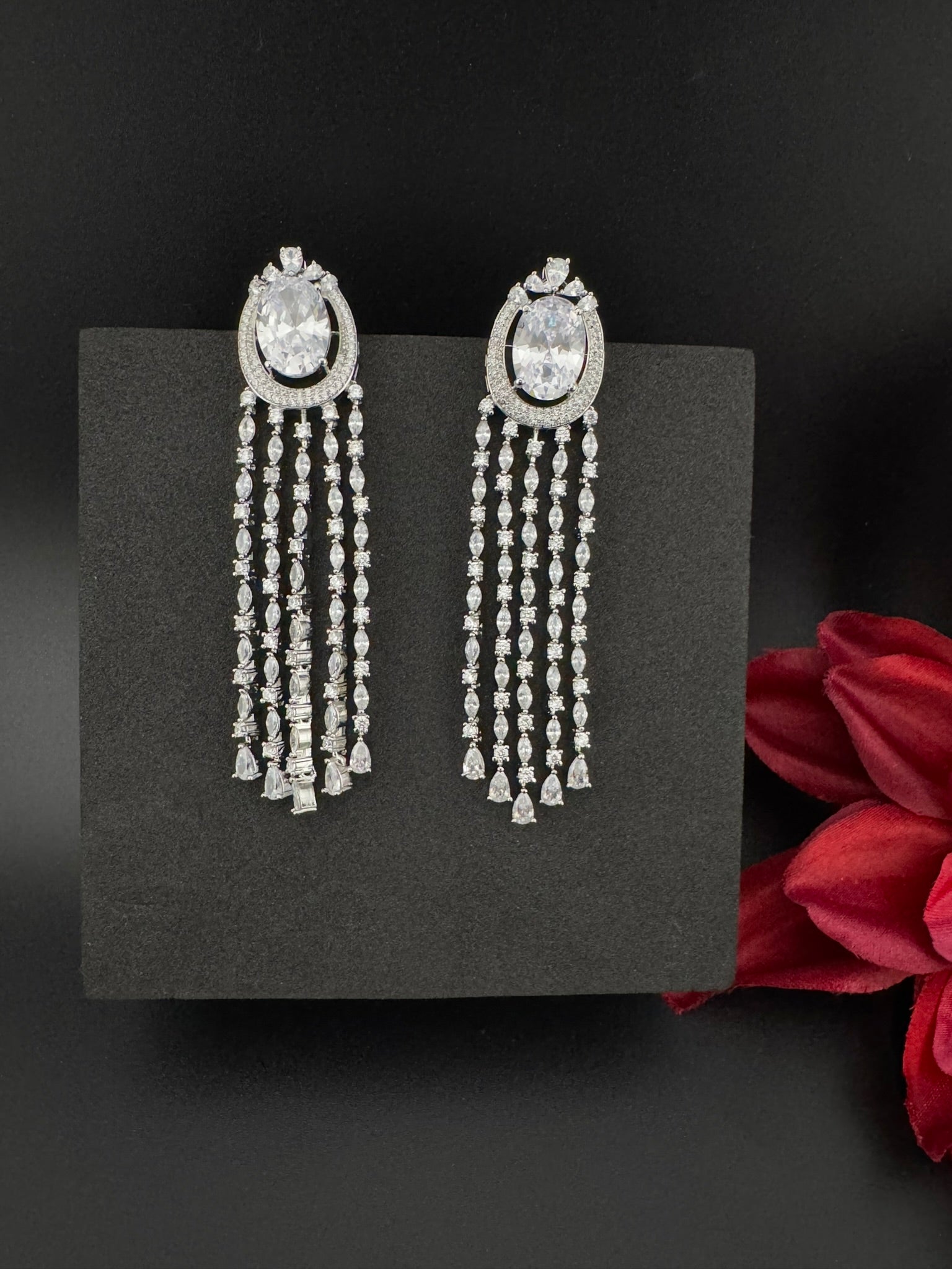 Premium silver color Cubic Zirconia long tassel earrings, high shine