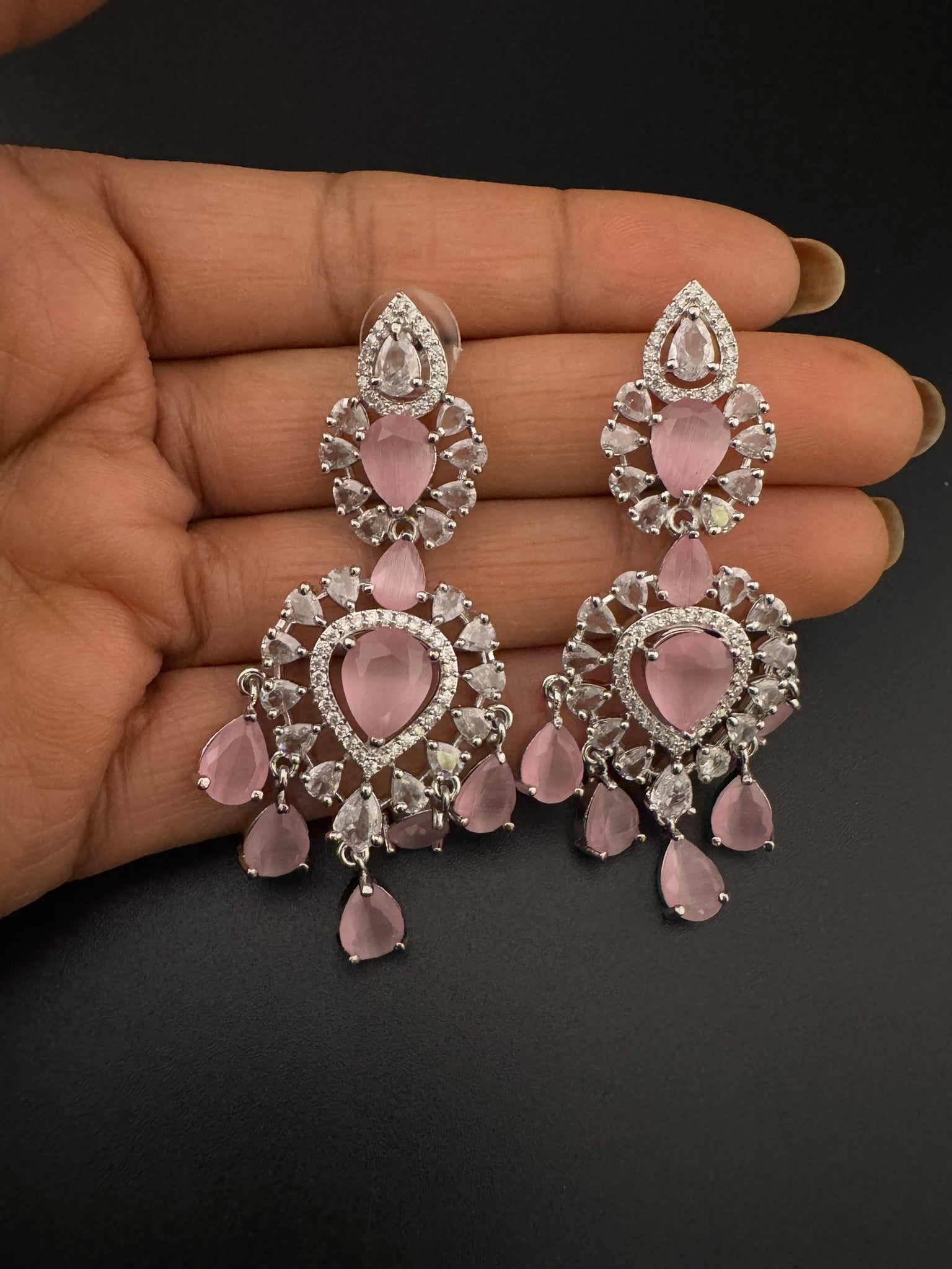 Premium Cubic Zirconia with Crystals and Stones is designer Inspired Statement Drop Dangle Long earring/Chand bali