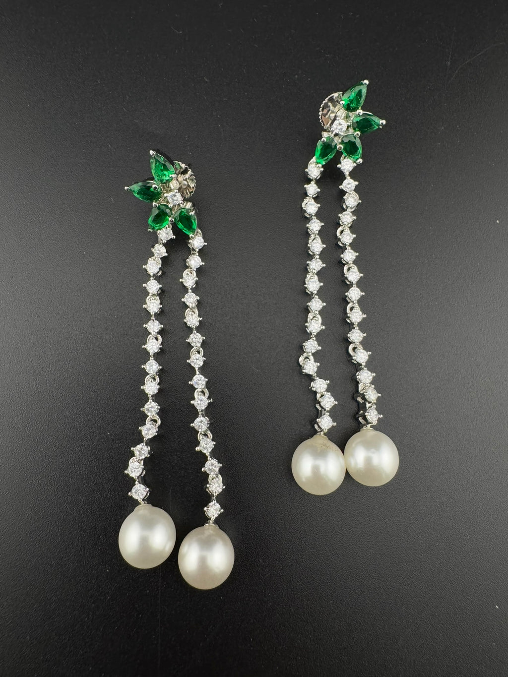 Premium silver color Cubic Zirconia Dangle long earrings with Crystal and Pearls is designer Statement long earrings