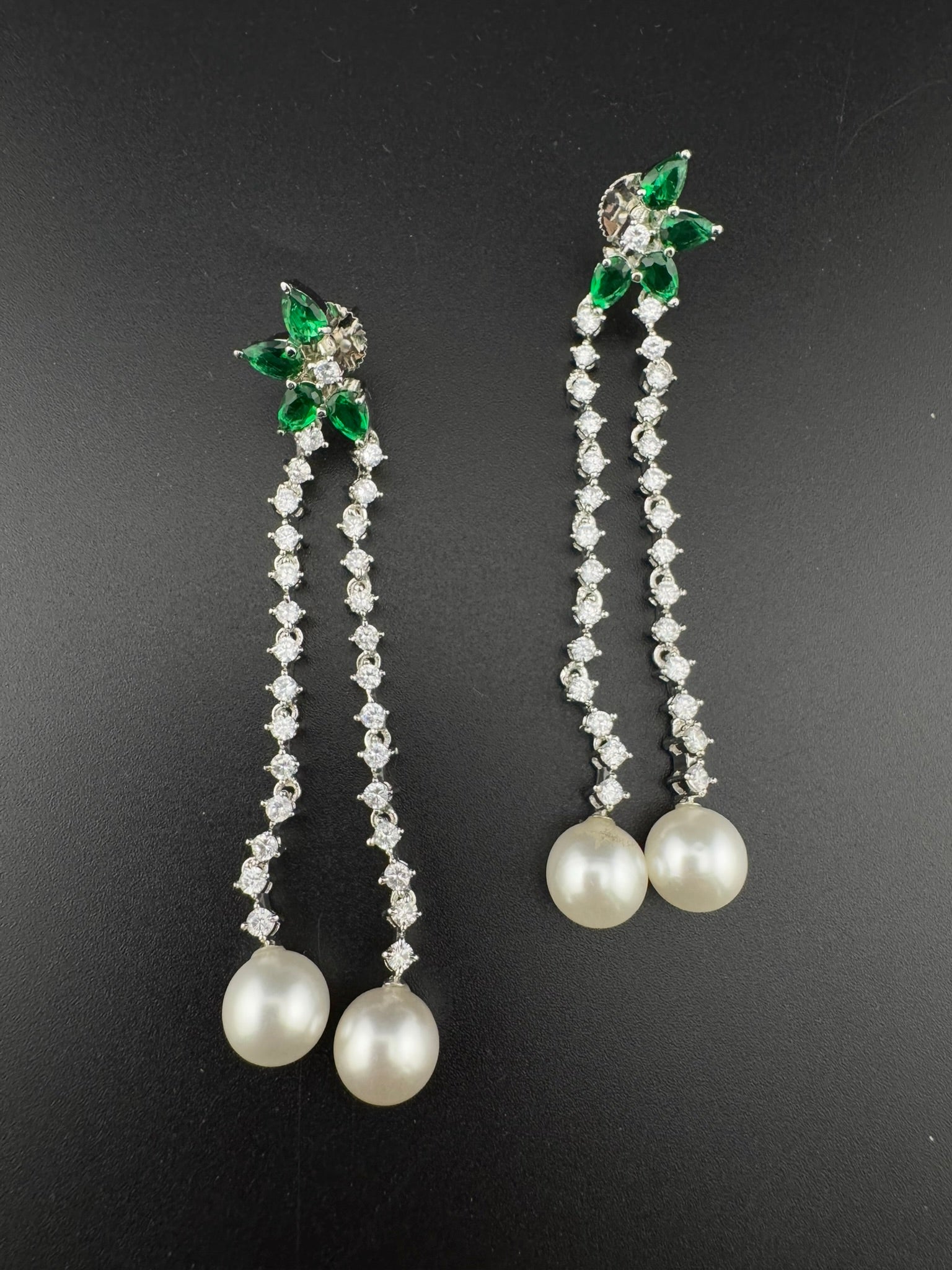 Premium silver color Cubic Zirconia Dangle long earrings with Crystal and Pearls is designer Statement long earrings