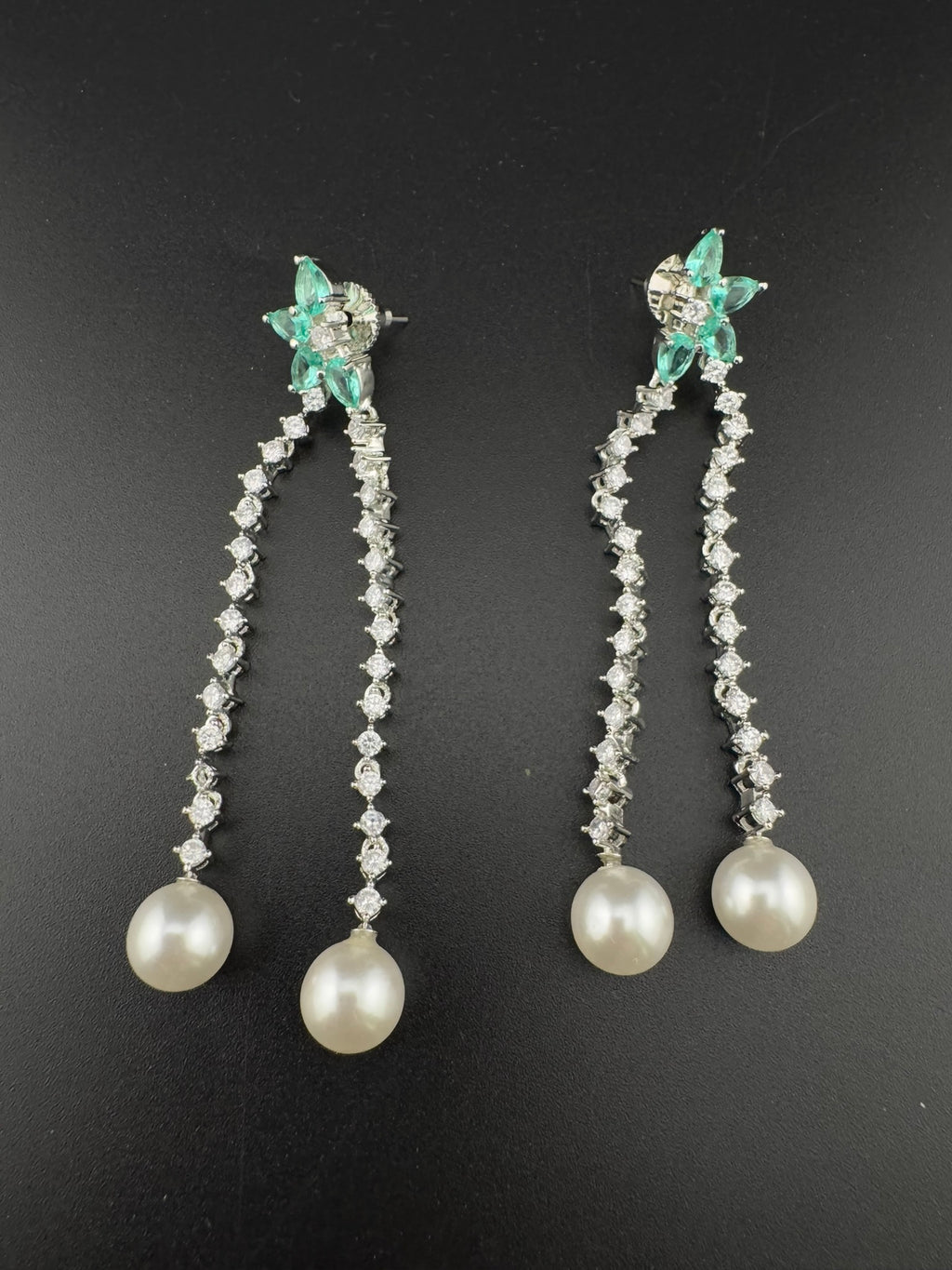 Premium silver color Cubic Zirconia Dangle long earrings with Crystal and Pearls is designer Statement long earrings