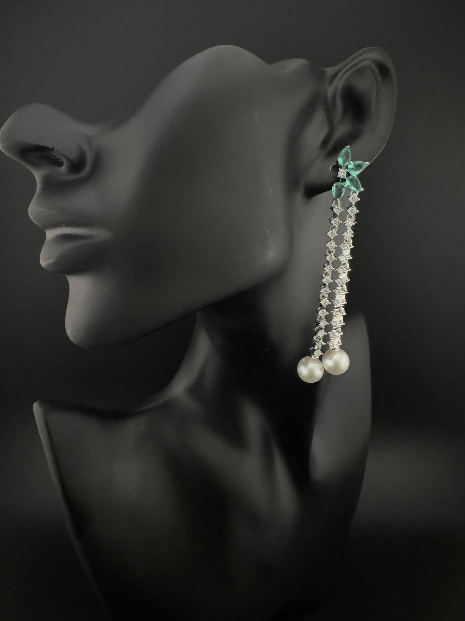 Premium silver color Cubic Zirconia Dangle long earrings with Crystal and Pearls is designer Statement long earrings