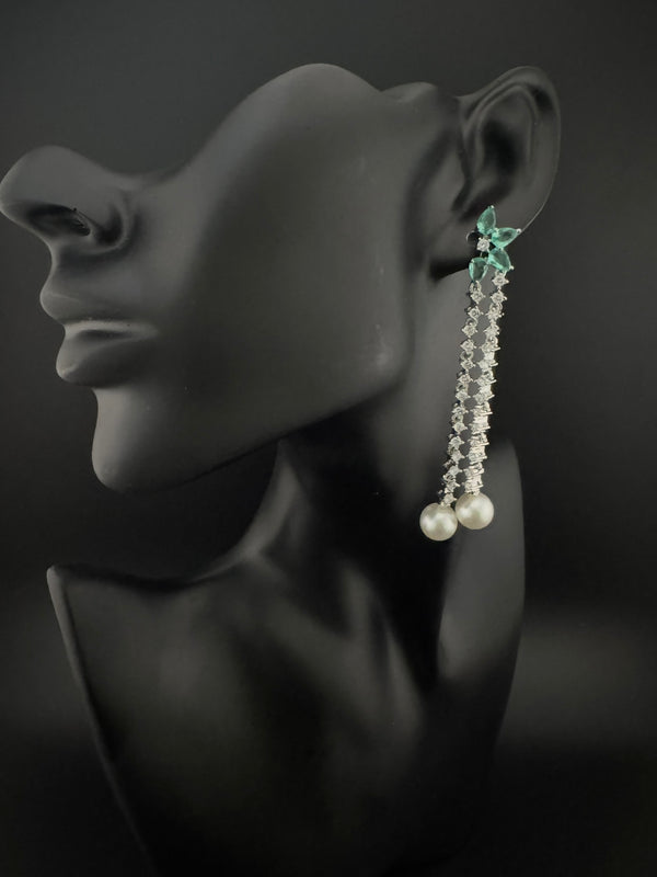 Premium silver color Cubic Zirconia Dangle long earrings with Crystal and Pearls is designer Statement long earrings