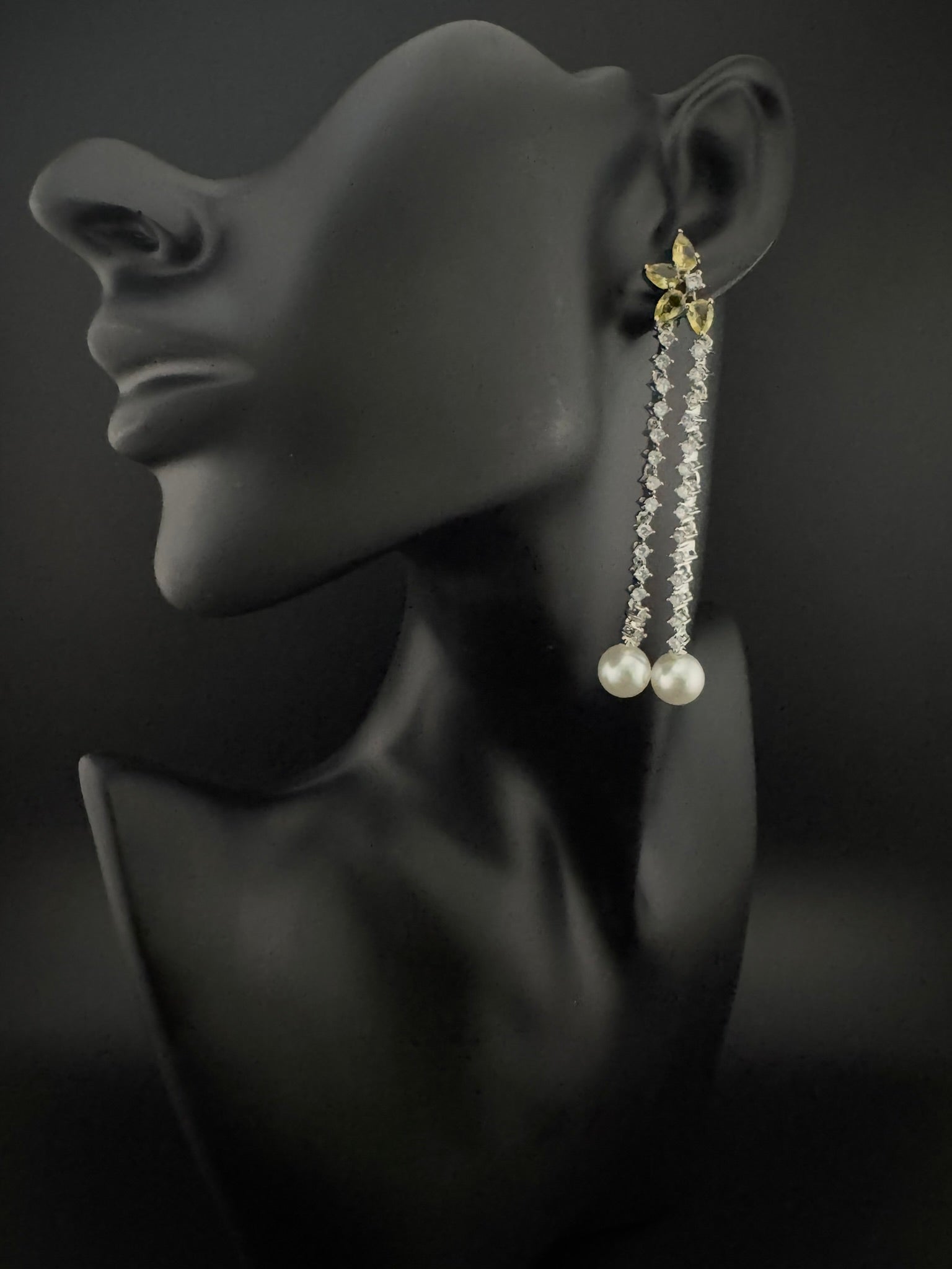 Premium silver color Cubic Zirconia Dangle long earrings with Crystal and Pearls is designer Statement long earrings