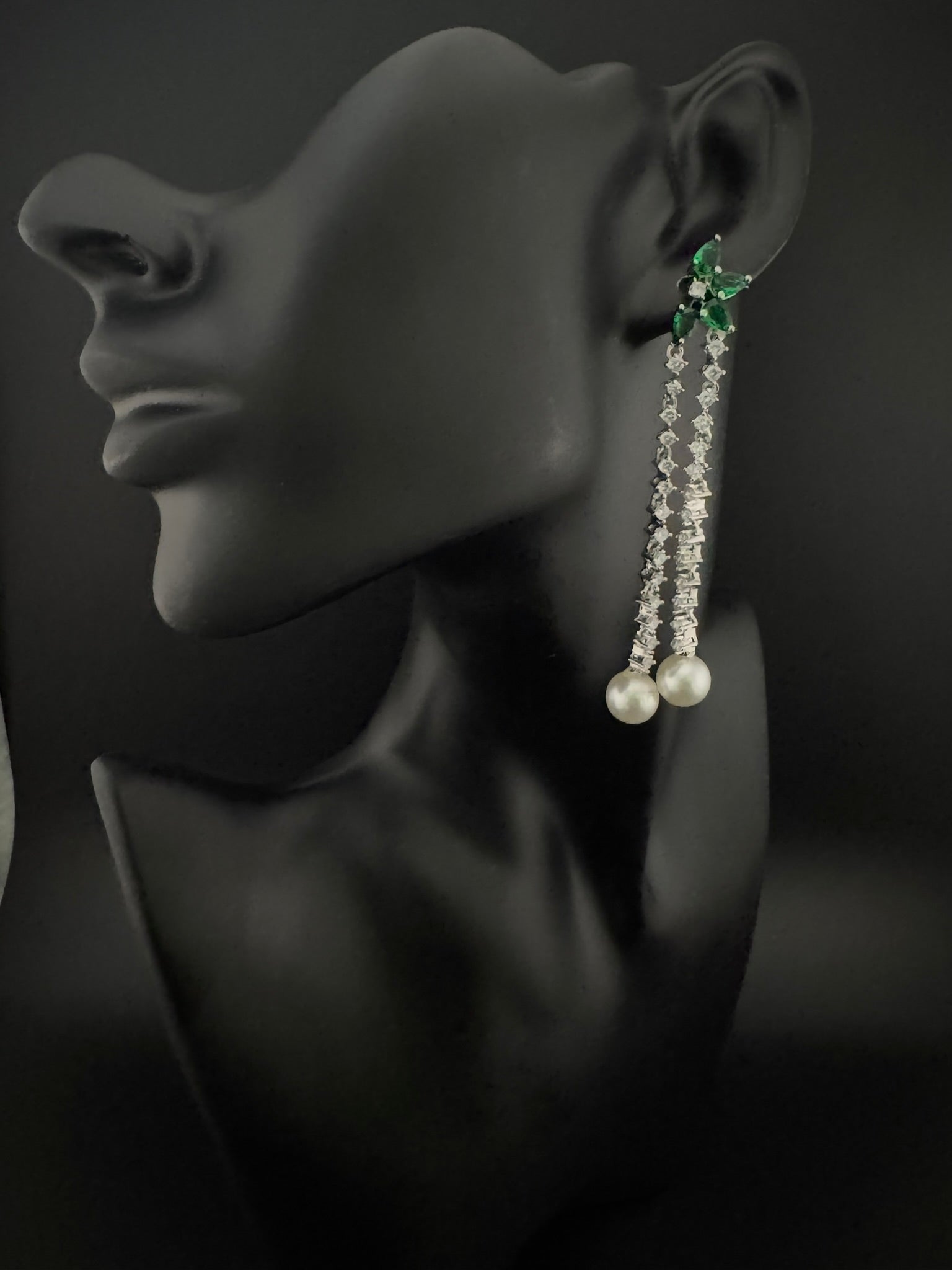 Premium silver color Cubic Zirconia Dangle long earrings with Crystal and Pearls is designer Statement long earrings