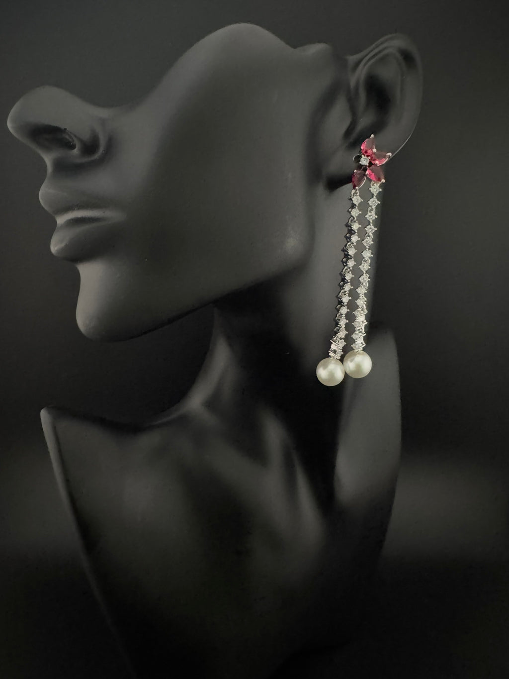 Premium silver color Cubic Zirconia Dangle long earrings with Crystal and Pearls is designer Statement long earrings