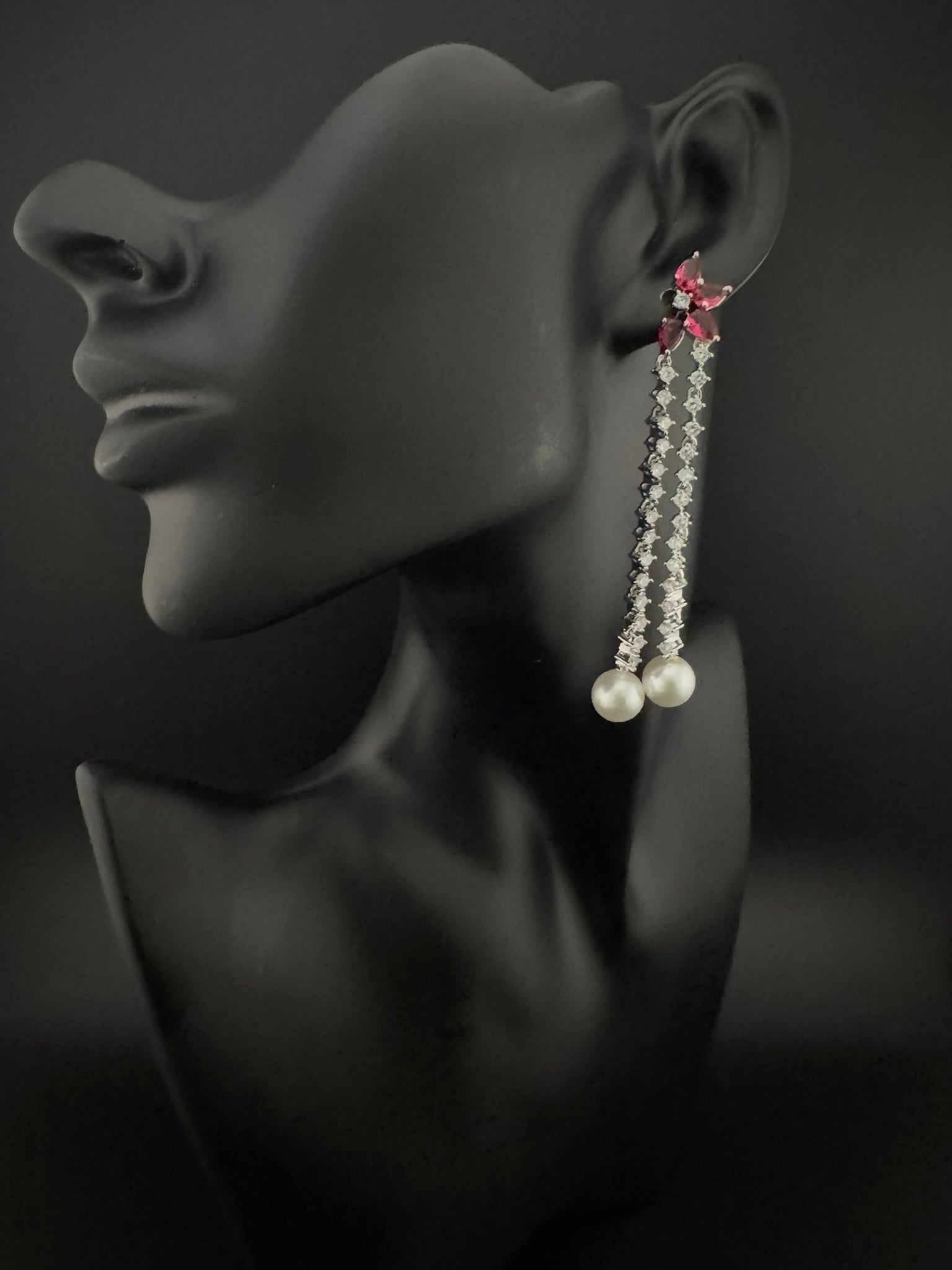 Premium silver color Cubic Zirconia Dangle long earrings with Crystal and Pearls is designer Statement long earrings