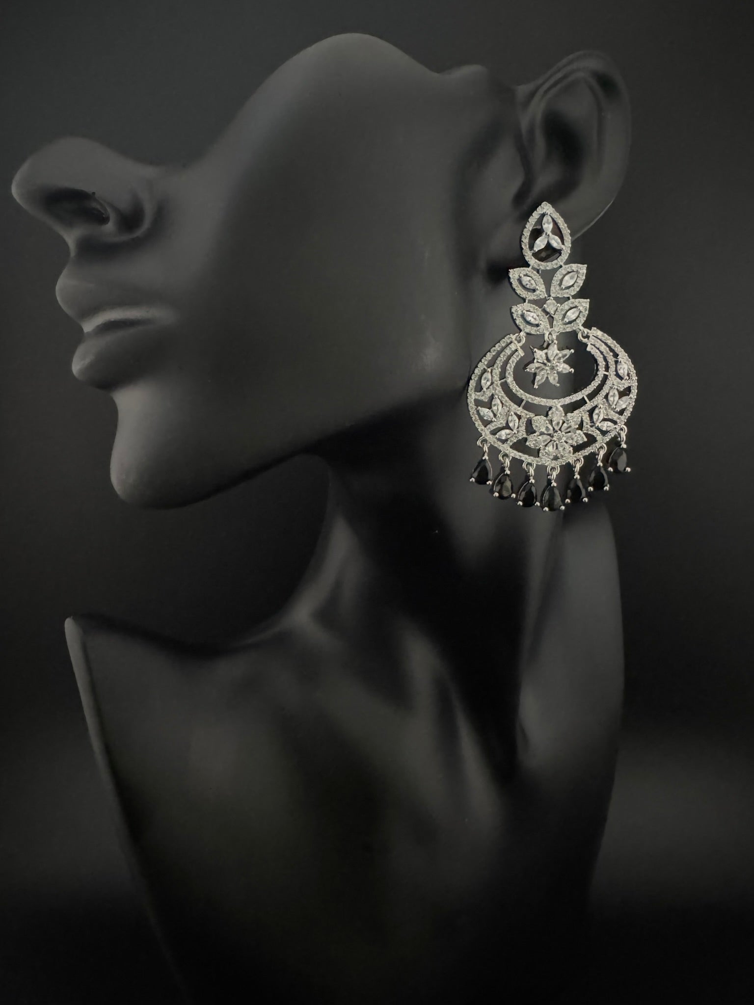 Premium Cubic Zirconia Chandelier chandbali earrings in Crystal stones in silver polish, Long earrings