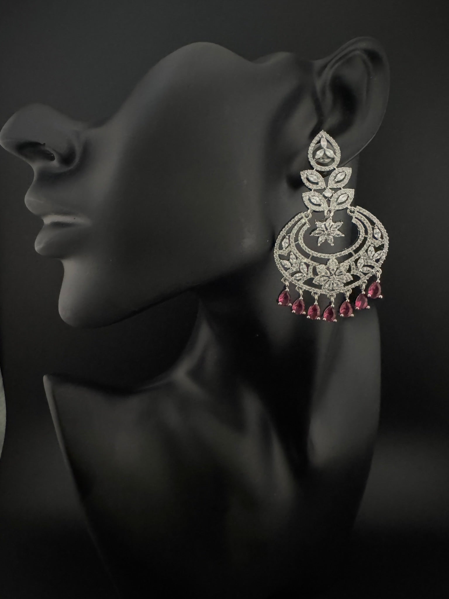 Premium Cubic Zirconia Chandelier chandbali earrings in Crystal stones in silver polish, Long earrings