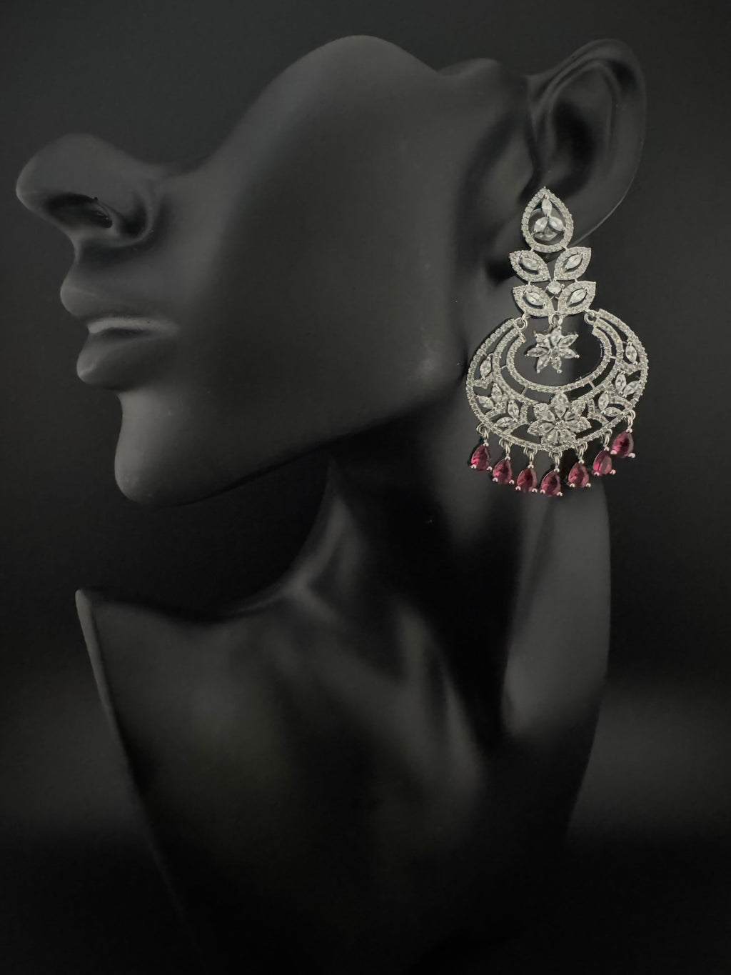 Premium Cubic Zirconia Chandelier chandbali earrings in Crystal stones in silver polish, Long earrings