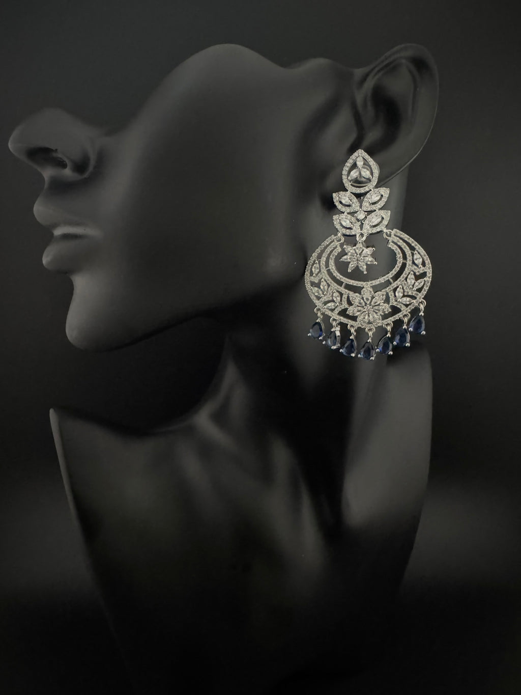 Premium Cubic Zirconia Chandelier chandbali earrings in Crystal stones in silver polish, Long earrings