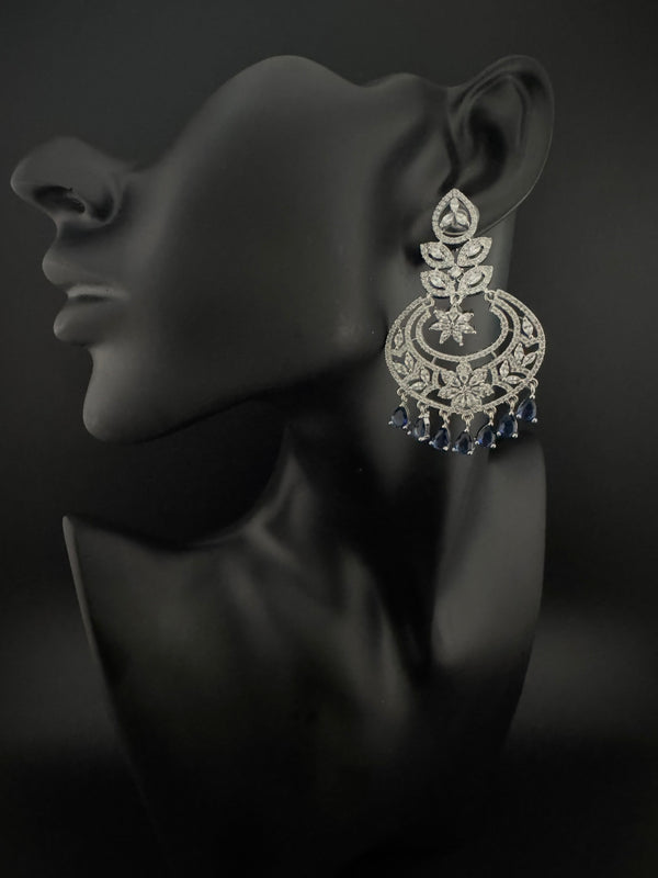 Premium Cubic Zirconia Chandelier chandbali earrings in Crystal stones in silver polish, Long earrings