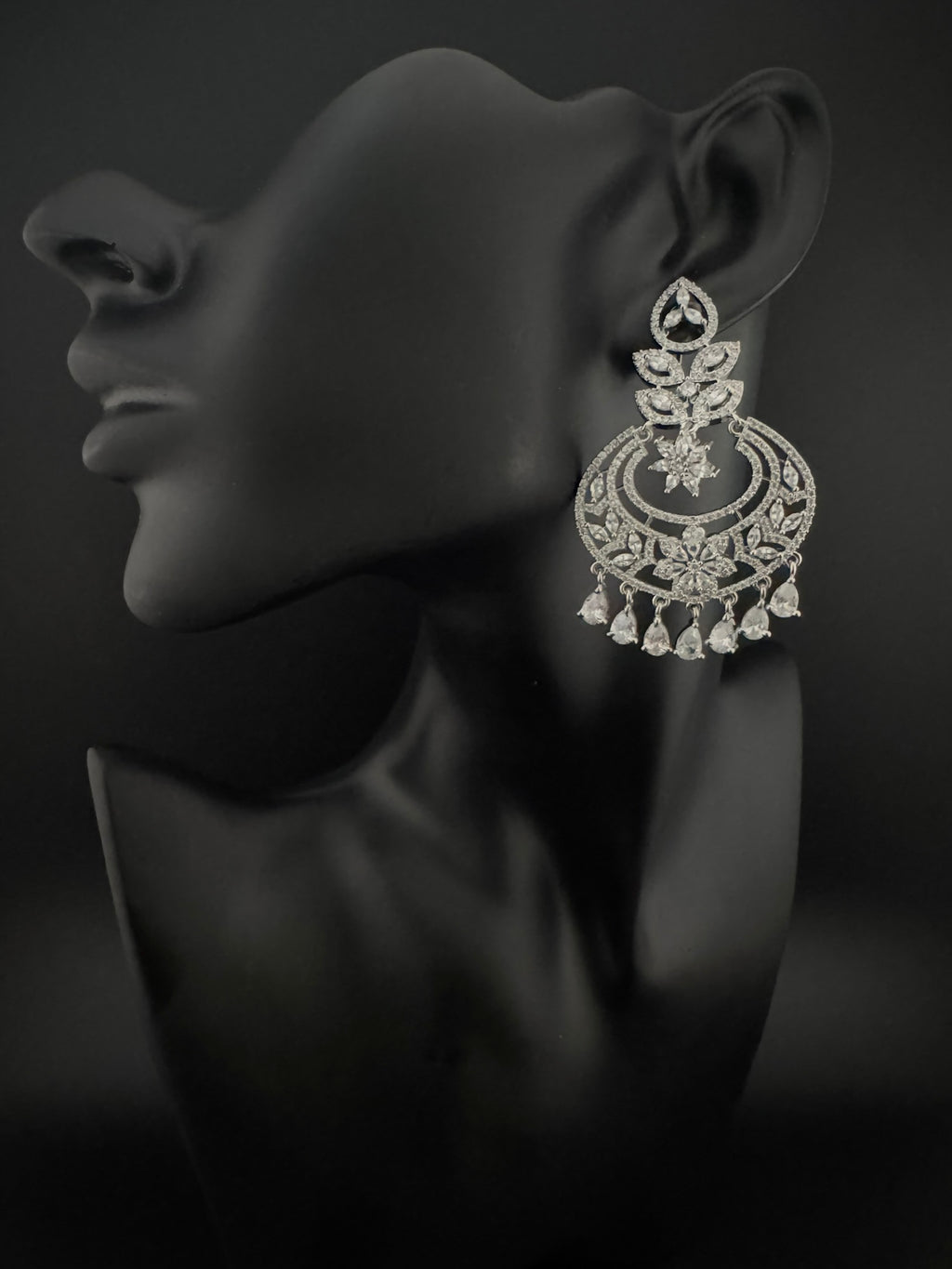 Premium Cubic Zirconia Chandelier chandbali earrings in Crystal stones in silver polish, Long earrings