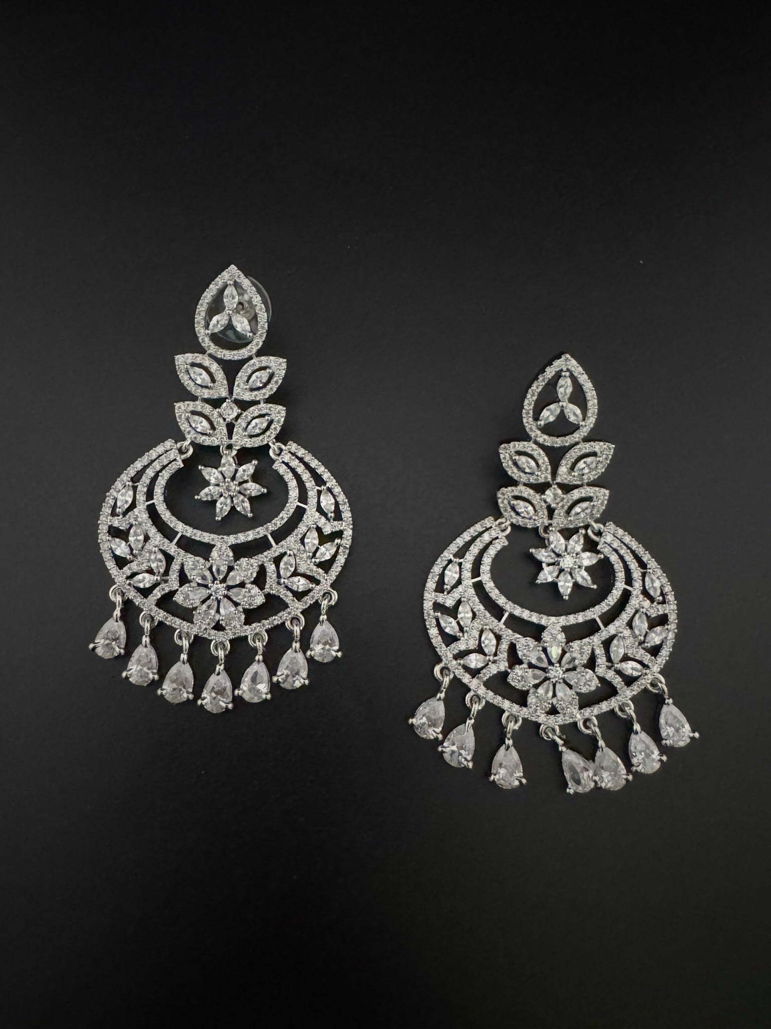 Premium Cubic Zirconia Chandelier chandbali earrings in Crystal stones in silver polish, Long earrings