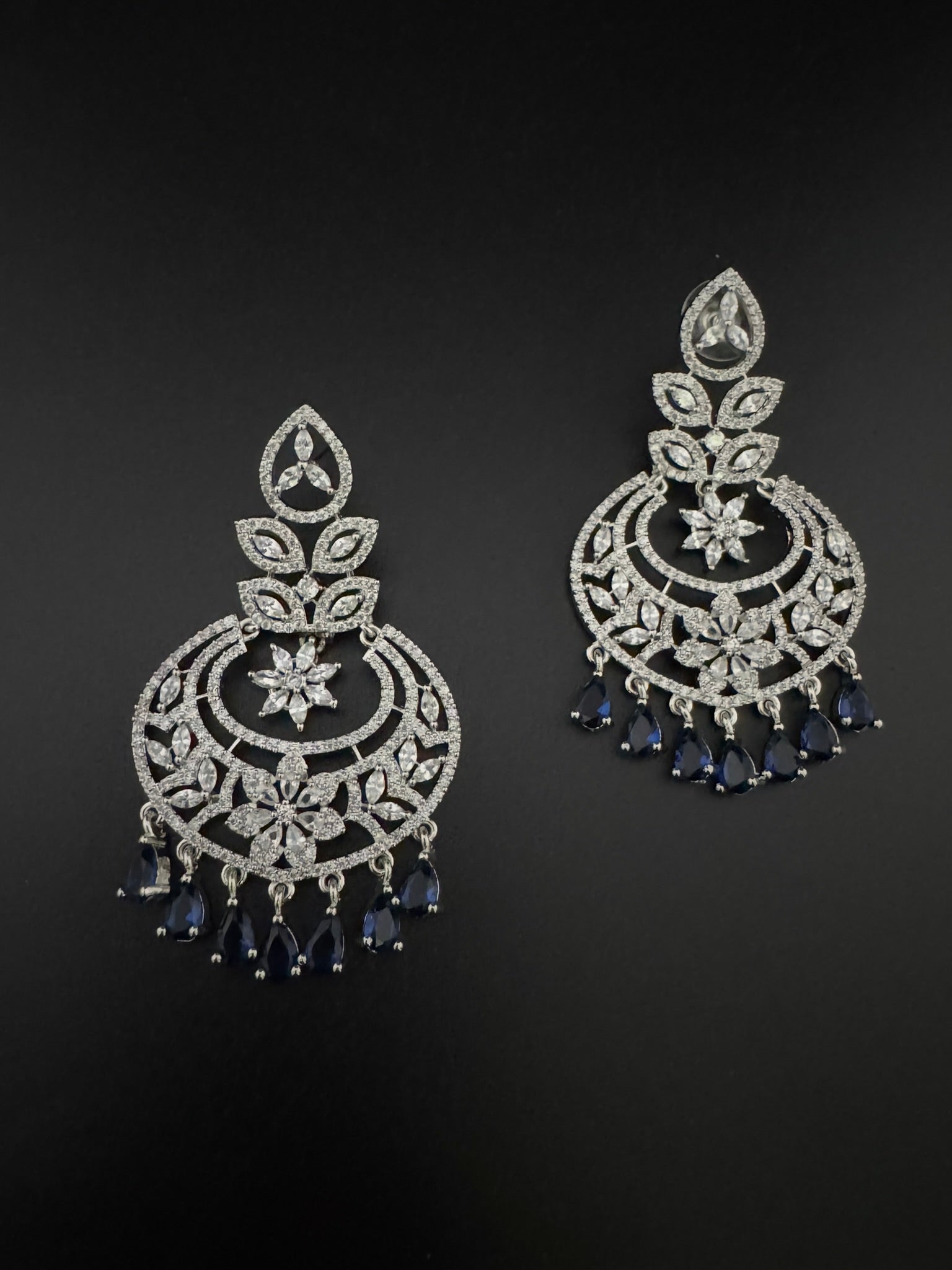 Premium Cubic Zirconia Chandelier chandbali earrings in Crystal stones in silver polish, Long earrings