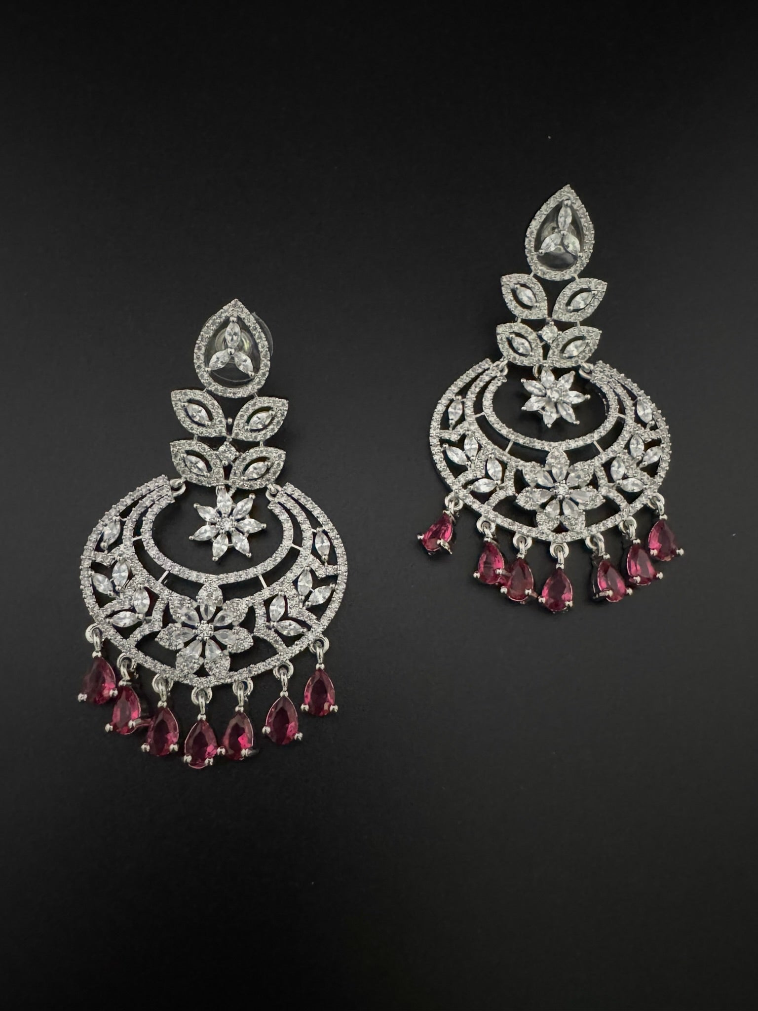 Premium Cubic Zirconia Chandelier chandbali earrings in Crystal stones in silver polish, Long earrings