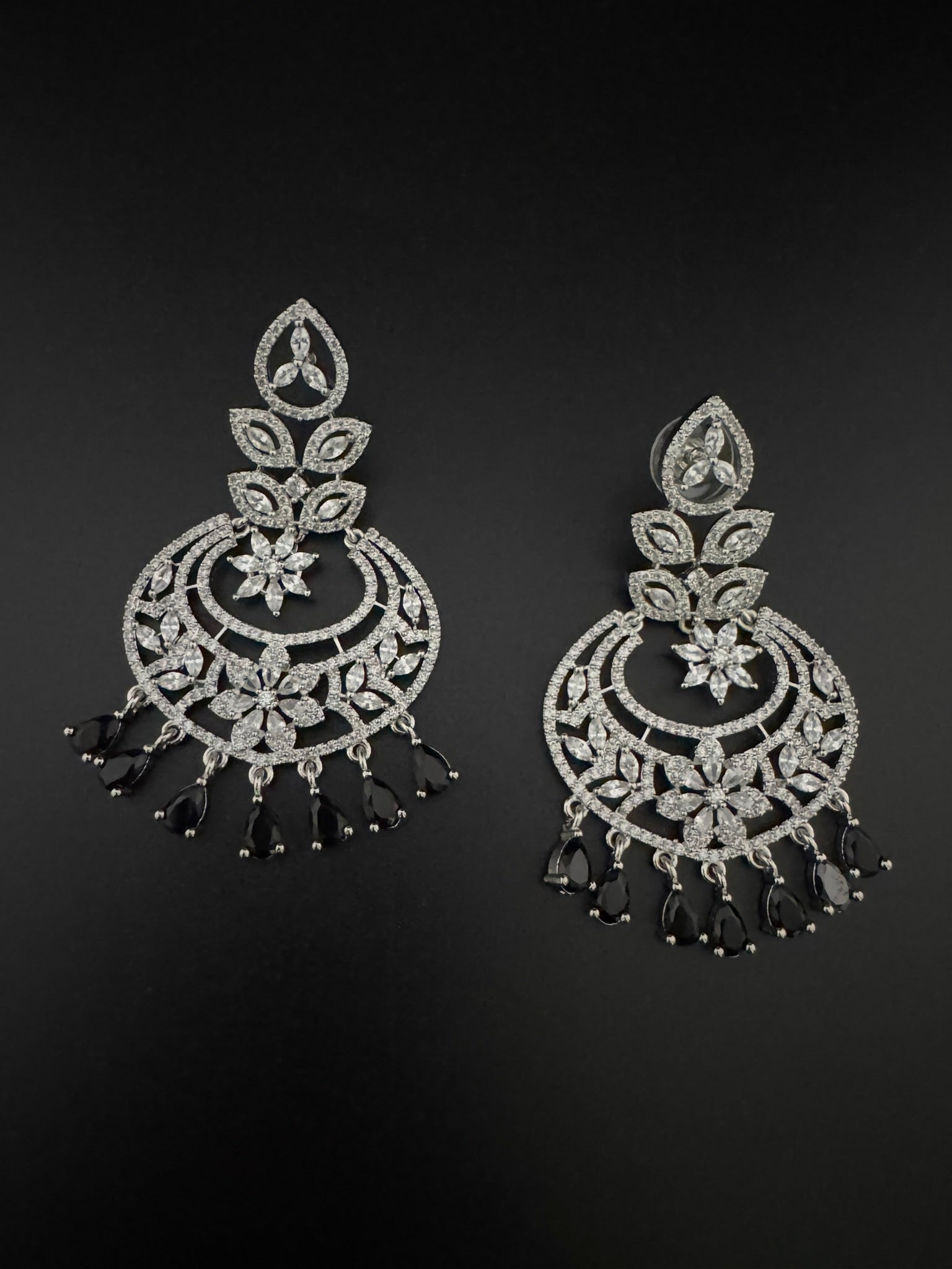 Premium Cubic Zirconia Chandelier chandbali earrings in Crystal stones in silver polish, Long earrings