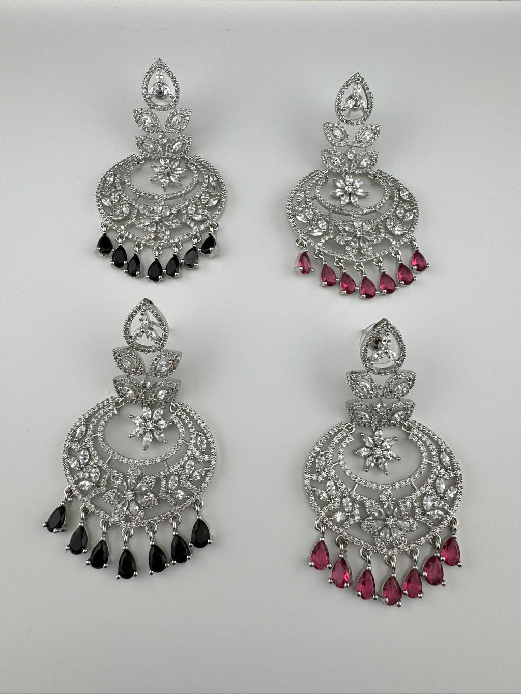 Premium Cubic Zirconia Chandelier chandbali earrings in Crystal stones in silver polish, Long earrings