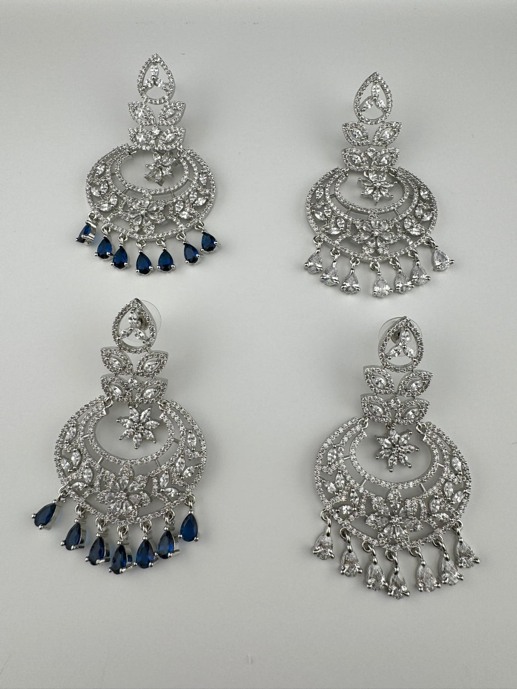 Premium Cubic Zirconia Chandelier chandbali earrings in Crystal stones in silver polish, Long earrings