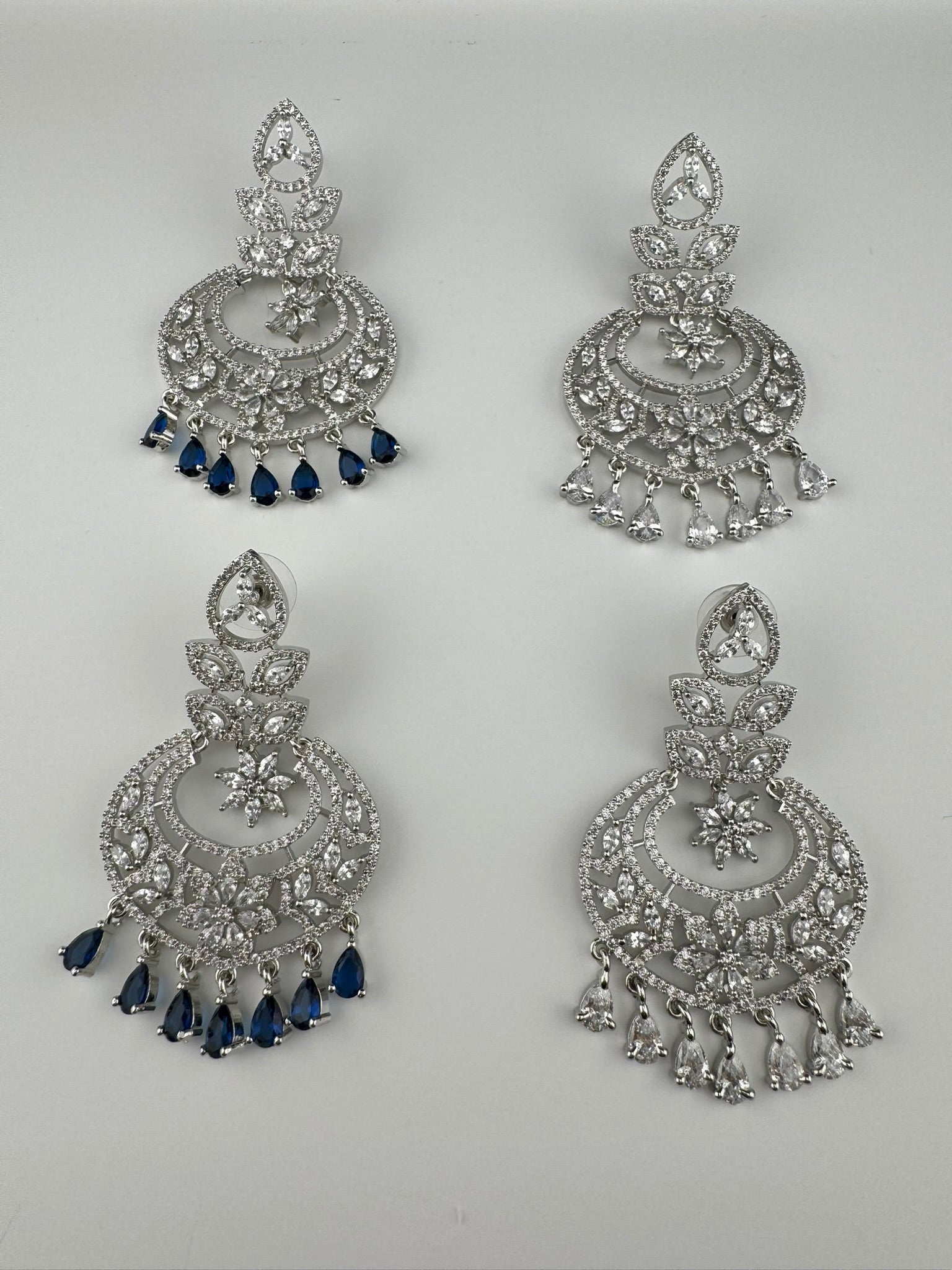 Premium Cubic Zirconia Chandelier chandbali earrings in Crystal stones in silver polish, Long earrings