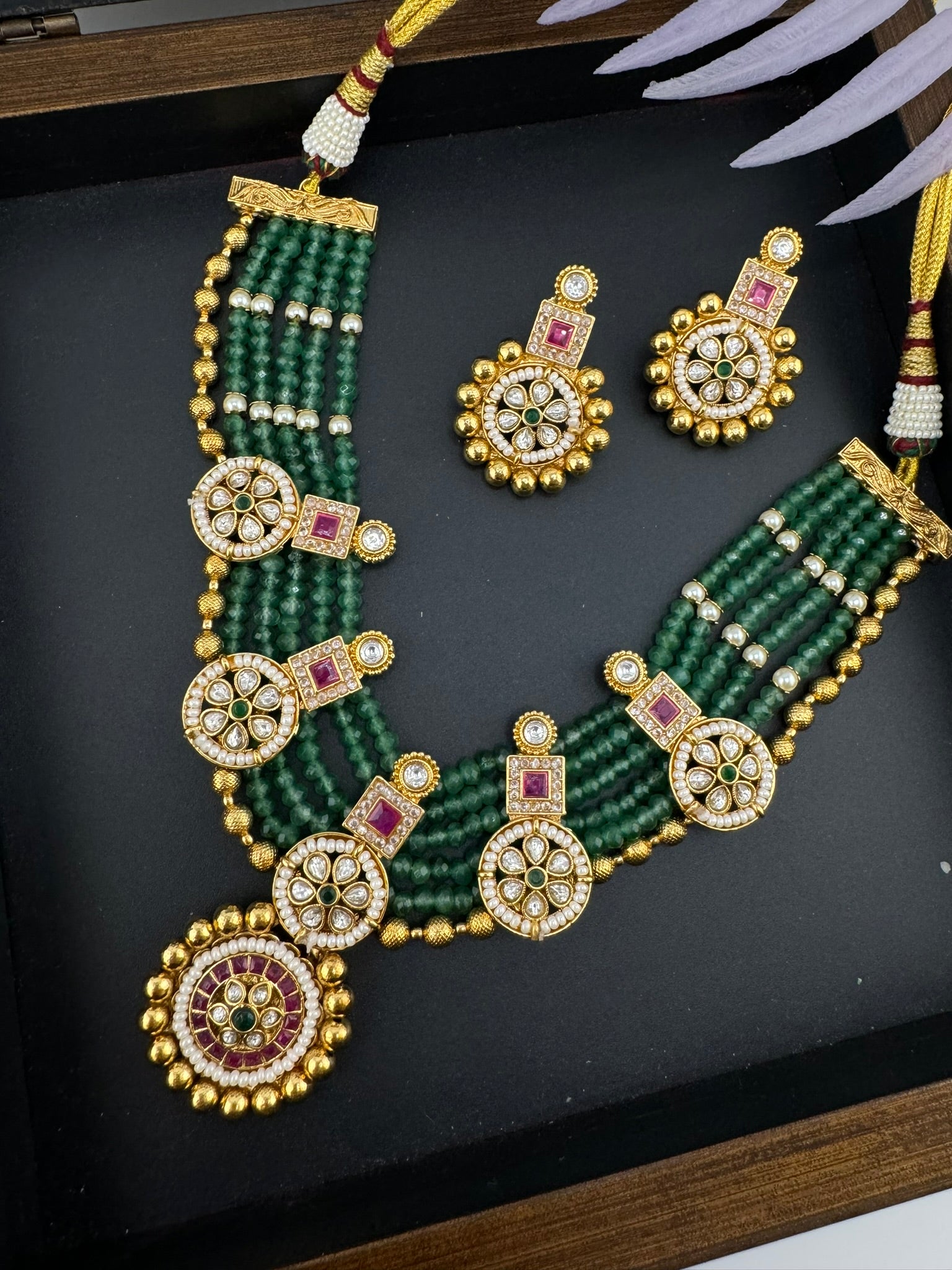 Amrapali Inspired Premium Rajwadi Neacklace set with Kundan, onyx beads in Matt Gold, Rani Haar
