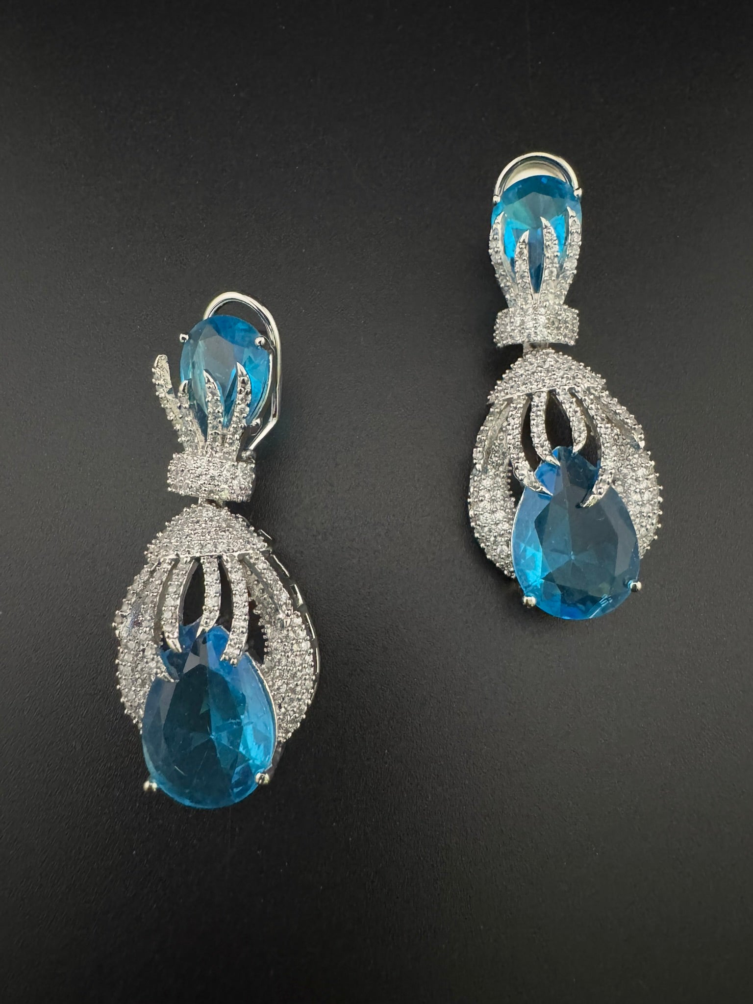 Premium Nano Setting Cubic Zirconia Chandelier earrings with Black Stone