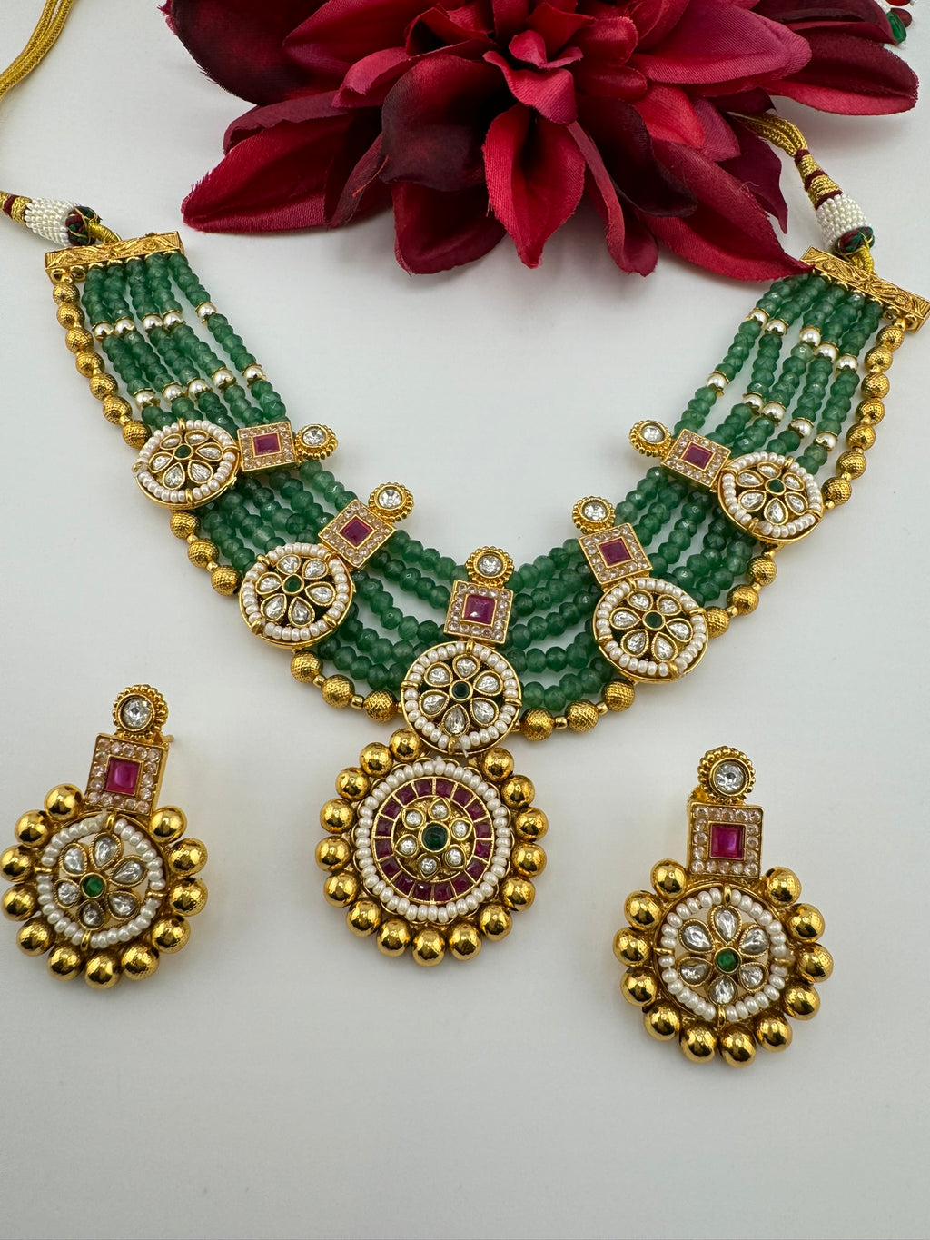 Amrapali Inspired Premium Rajwadi Neacklace set with Kundan, onyx beads in Matt Gold, Rani Haar