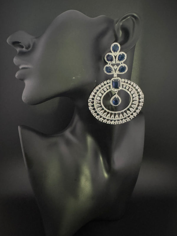 Premium Cubic Zirconia Oversized Chandelier earrings in stones in silver color is designer Inspired Long Statement earrings