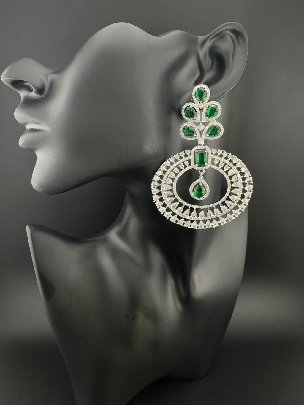 Premium Cubic Zirconia Oversized Chandelier earrings in stones in silver color is designer Inspired Long Statement earrings