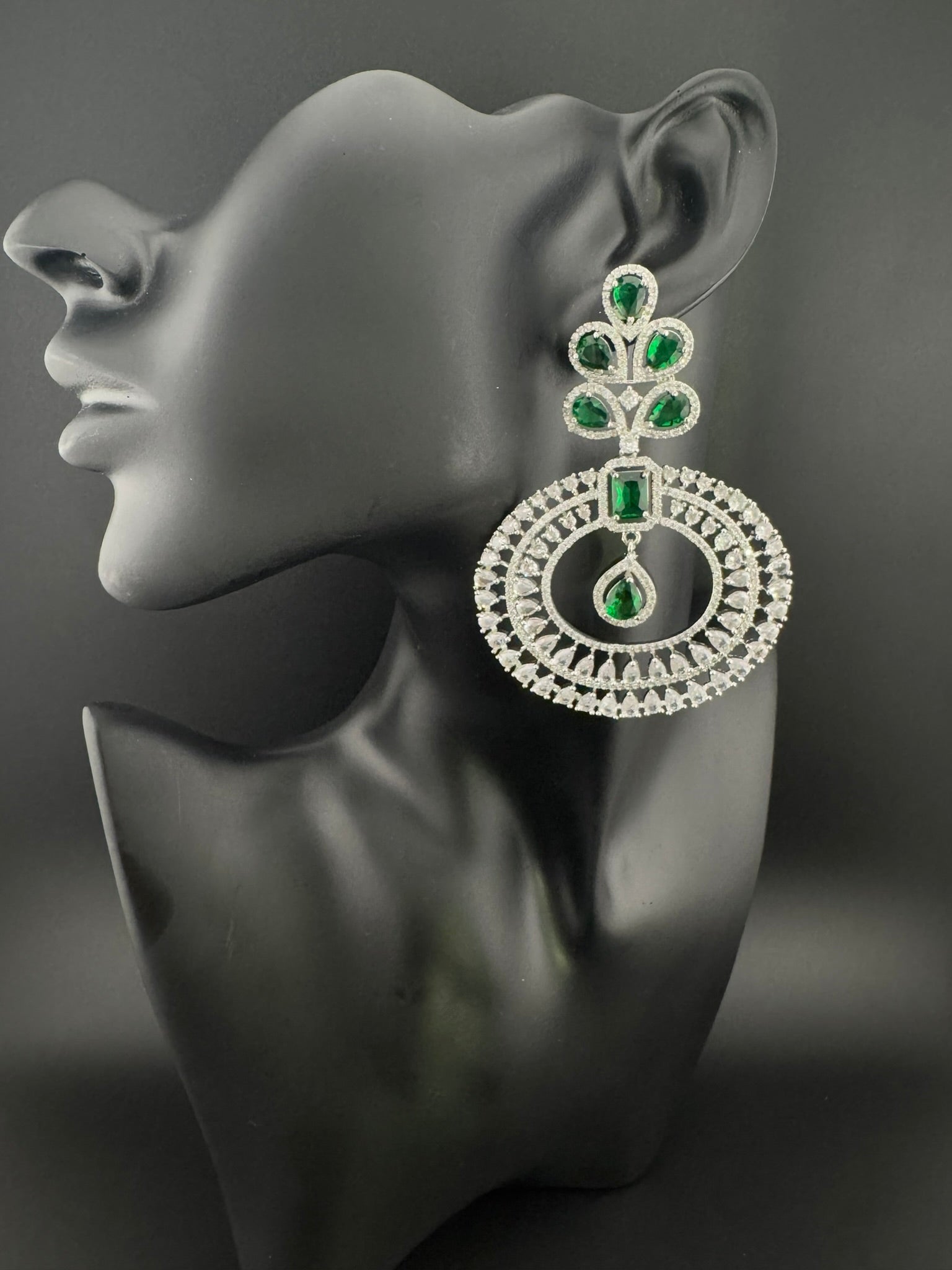 Premium Cubic Zirconia Oversized Chandelier earrings in stones in silver color is designer Inspired Long Statement earrings