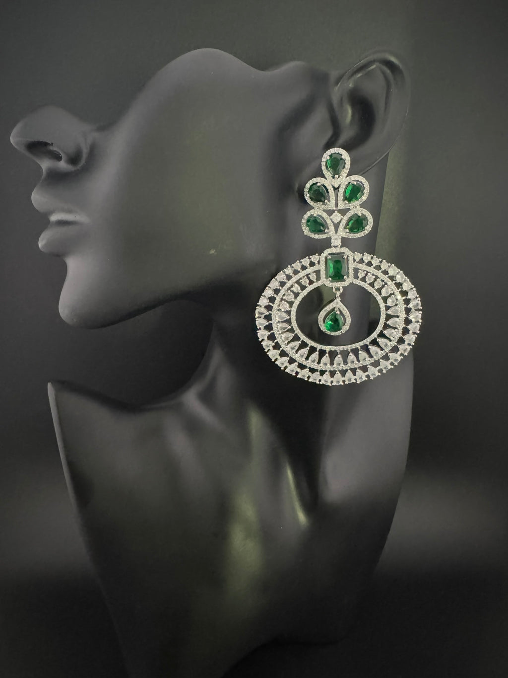 Premium Cubic Zirconia Oversized Chandelier earrings in stones in silver color is designer Inspired Long Statement earrings