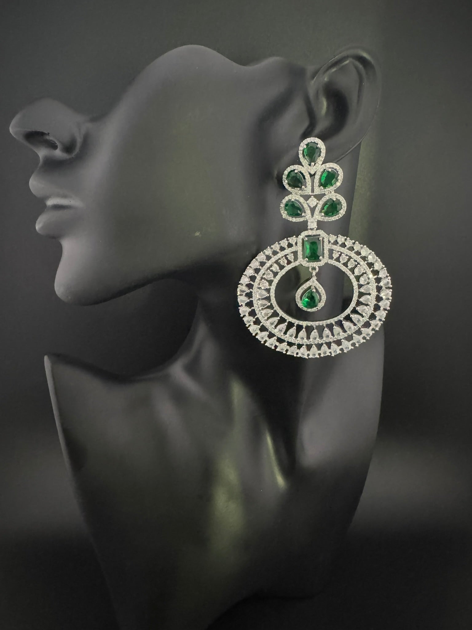 Premium Cubic Zirconia Oversized Chandelier earrings in stones in silver color is designer Inspired Long Statement earrings