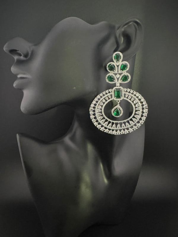 Premium Cubic Zirconia Oversized Chandelier earrings in stones in silver color is designer Inspired Long Statement earrings