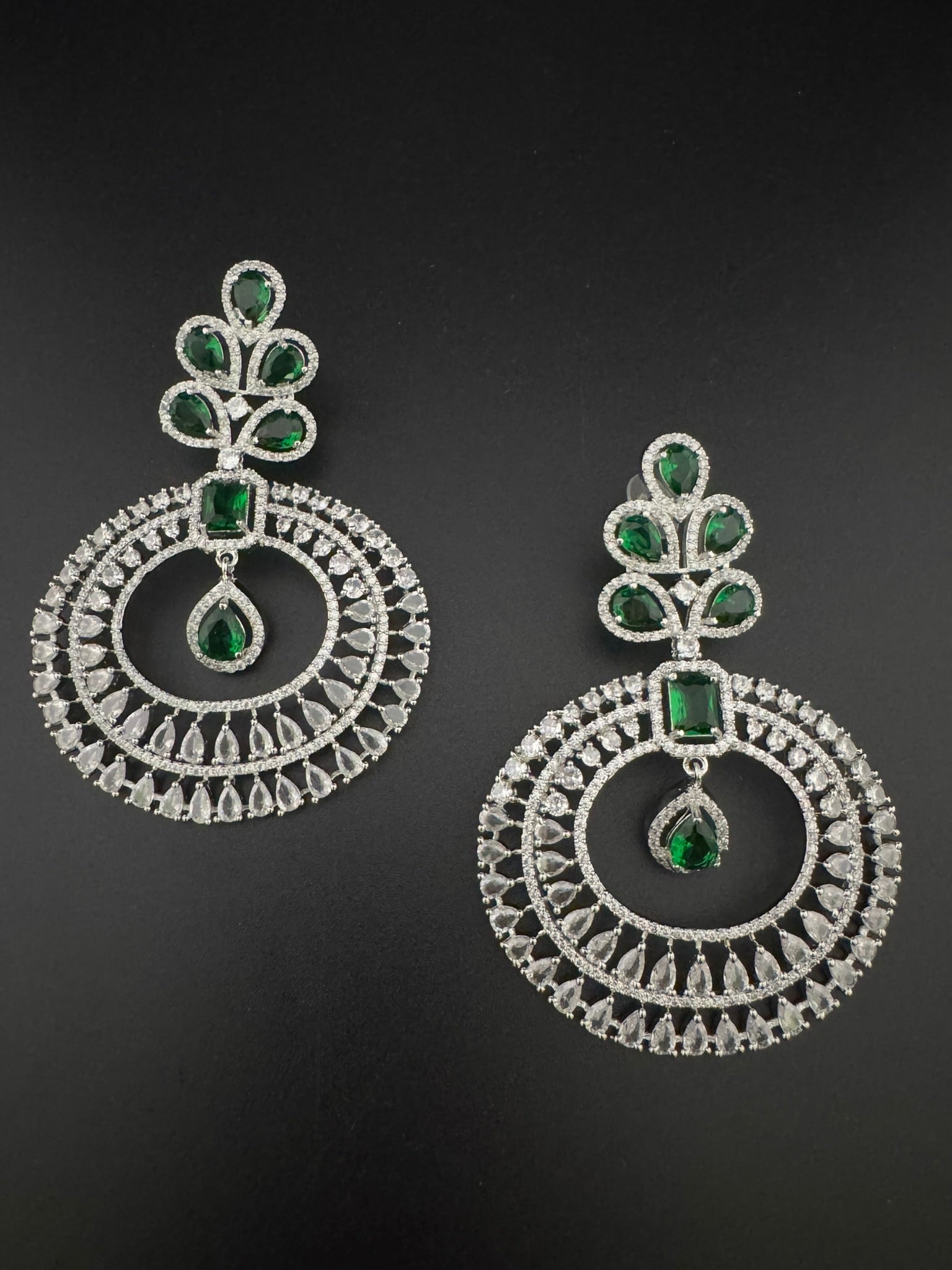 Premium Cubic Zirconia Oversized Chandelier earrings in stones in silver color is designer Inspired Long Statement earrings