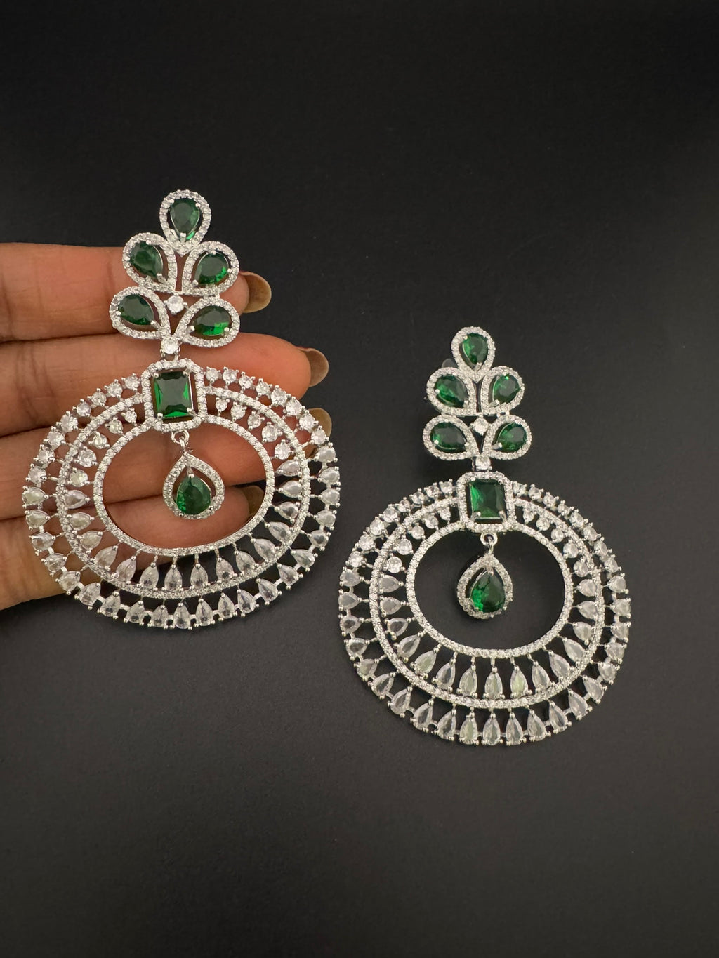 Premium Cubic Zirconia Oversized Chandelier earrings in stones in silver color is designer Inspired Long Statement earrings