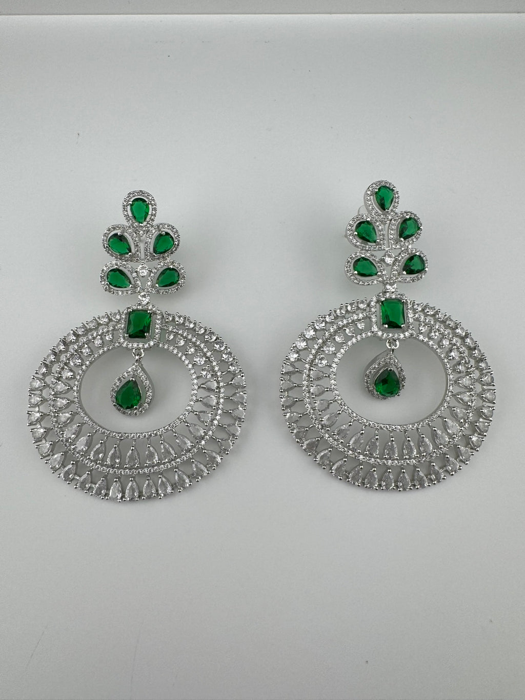 Premium Cubic Zirconia Oversized Chandelier earrings in stones in silver color is designer Inspired Long Statement earrings