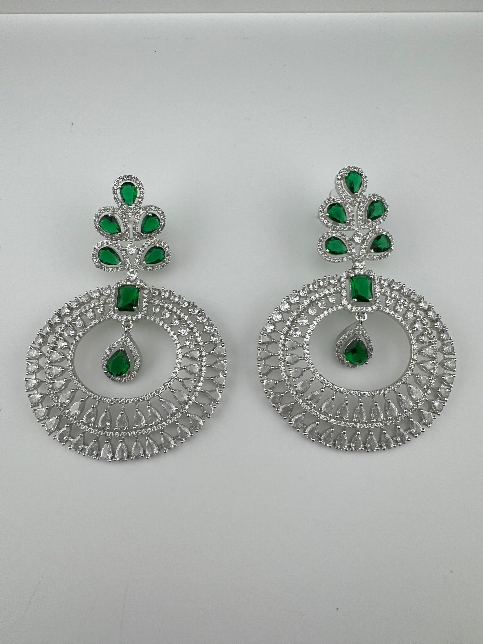 Premium Cubic Zirconia Oversized Chandelier earrings in stones in silver color is designer Inspired Long Statement earrings