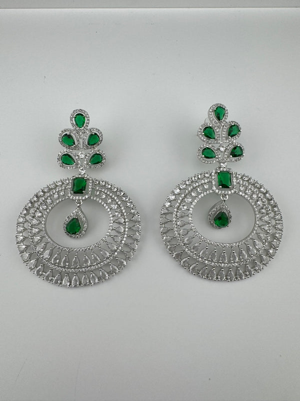 Premium Cubic Zirconia Oversized Chandelier earrings in stones in silver color is designer Inspired Long Statement earrings