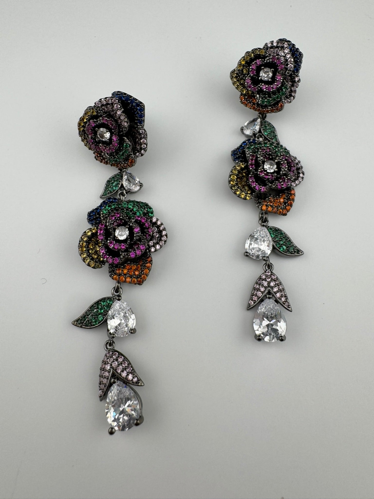 Unique Nano Setting Cubic Zirconia Multicolor Long Rose Earrings