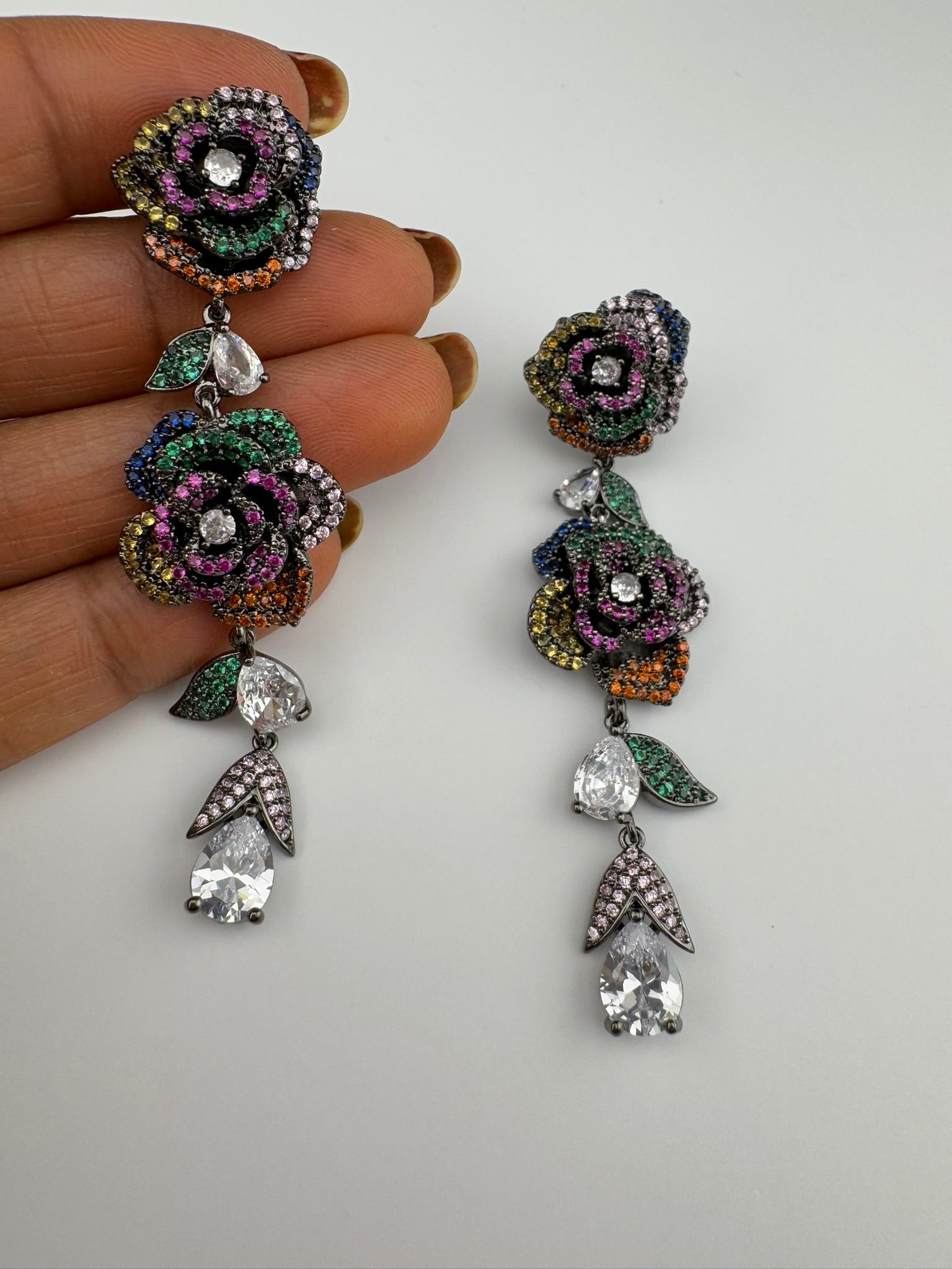 Unique Nano Setting Cubic Zirconia Multicolor Long Rose Earrings