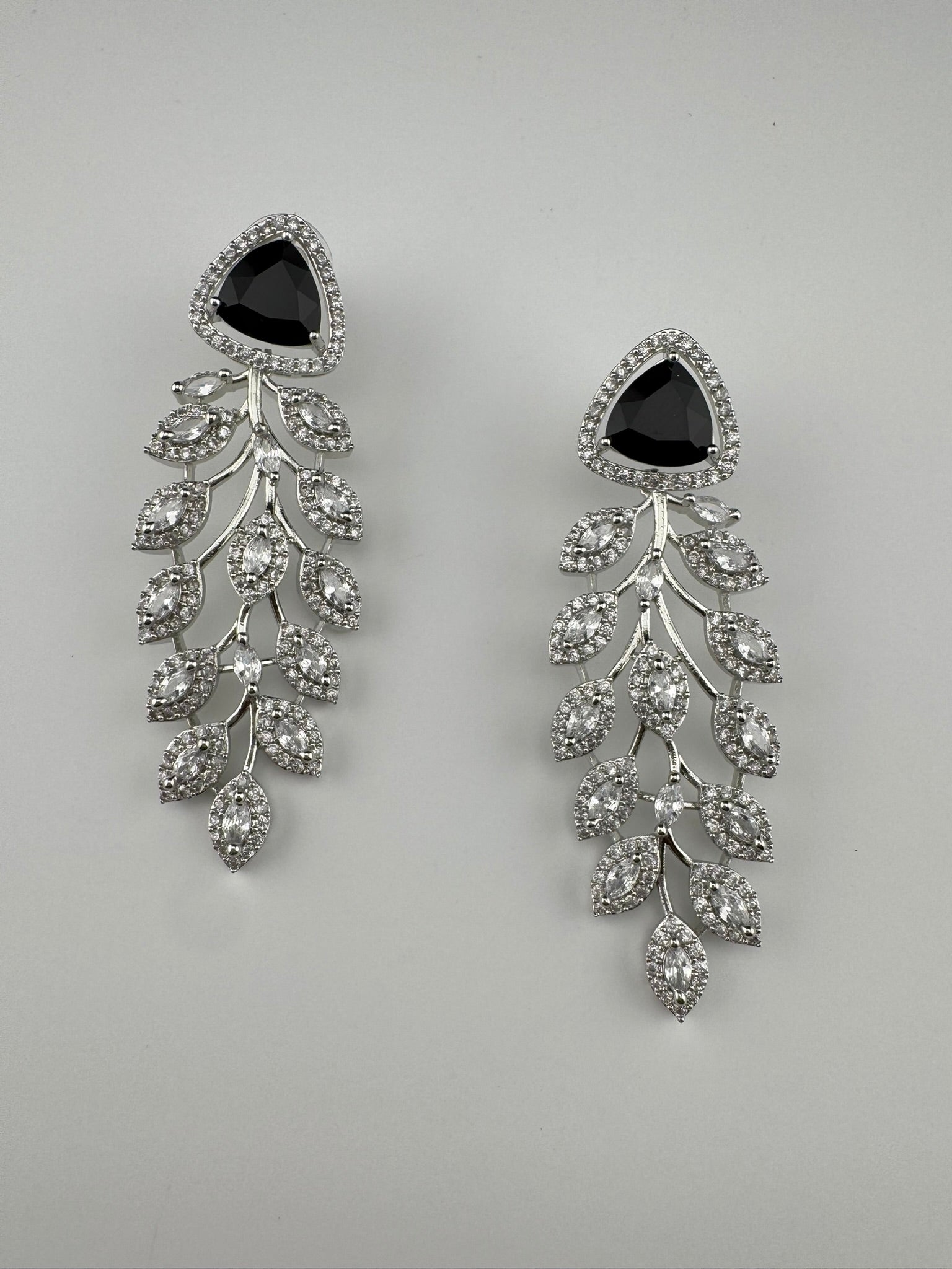 Leaf style Premium Cubic Zirconia, Crystal, Natural stone in silver color Long earrings