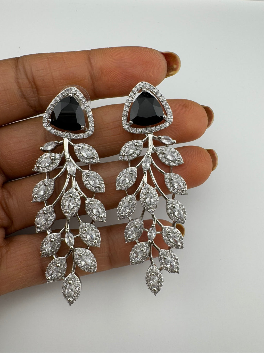 Leaf style Premium Cubic Zirconia, Crystal, Natural stone in silver color Long earrings