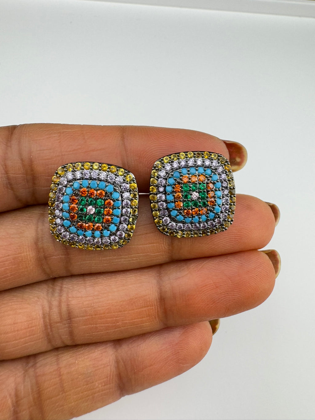 Premium Nano Setting Cubic Zirconia is Victorian designer Inspired Statement Square Stud earring