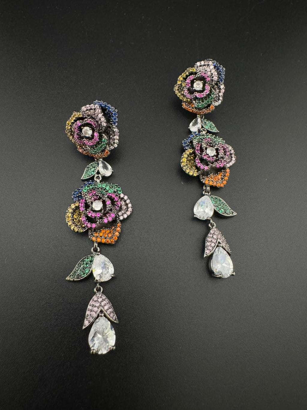 Unique Nano Setting Cubic Zirconia Multicolor Long Rose Earrings