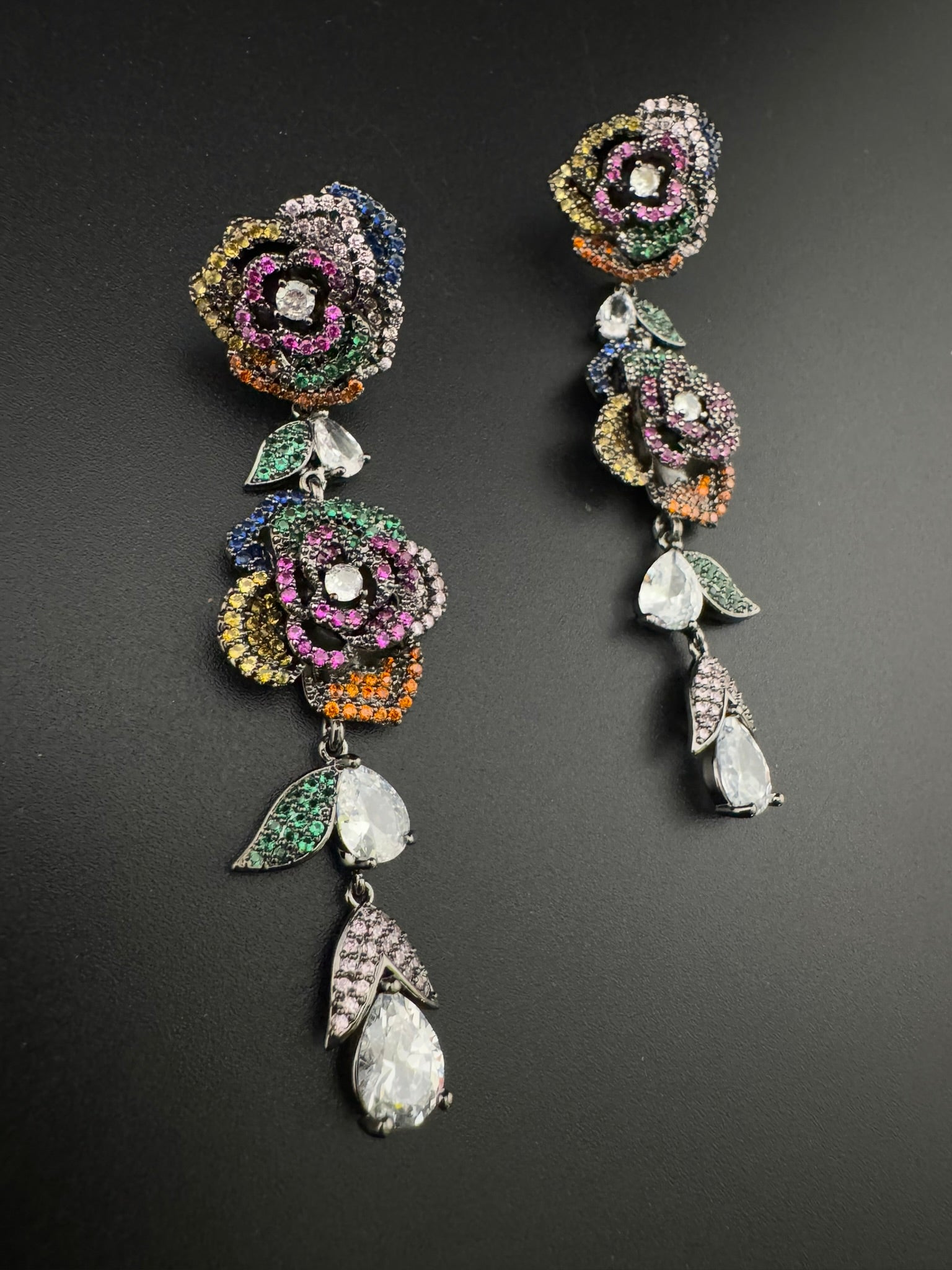 Unique Nano Setting Cubic Zirconia Multicolor Long Rose Earrings